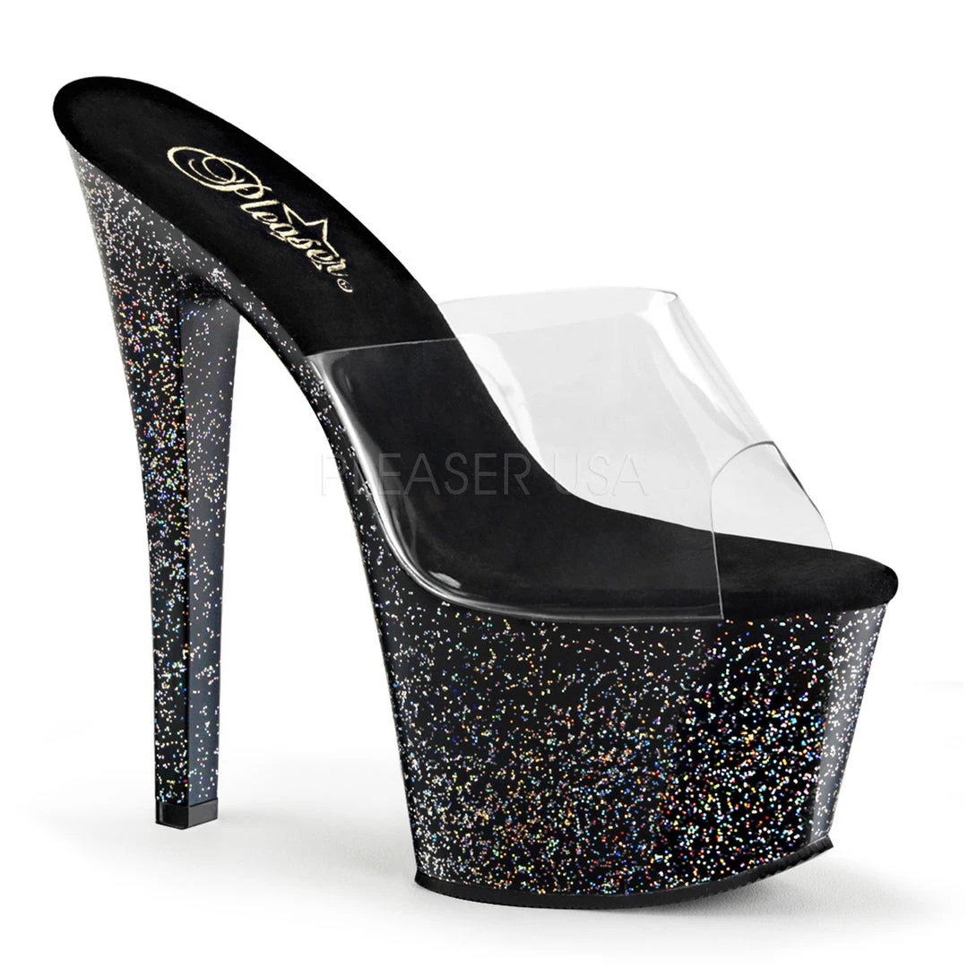 Pleaser 7" Clear/Black Glitter High Heels Shoes 3 Pleaser 7" Clear/Black Glitter High Heels Shoes