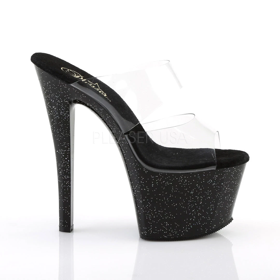 Pleaser 7" Clear/Black Glitter Heels* 6 Pleaser 7" Clear/Black Glitter Heels*