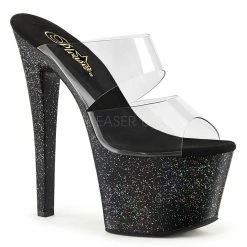 Pleaser 7" Clear/Black Glitter Heels*