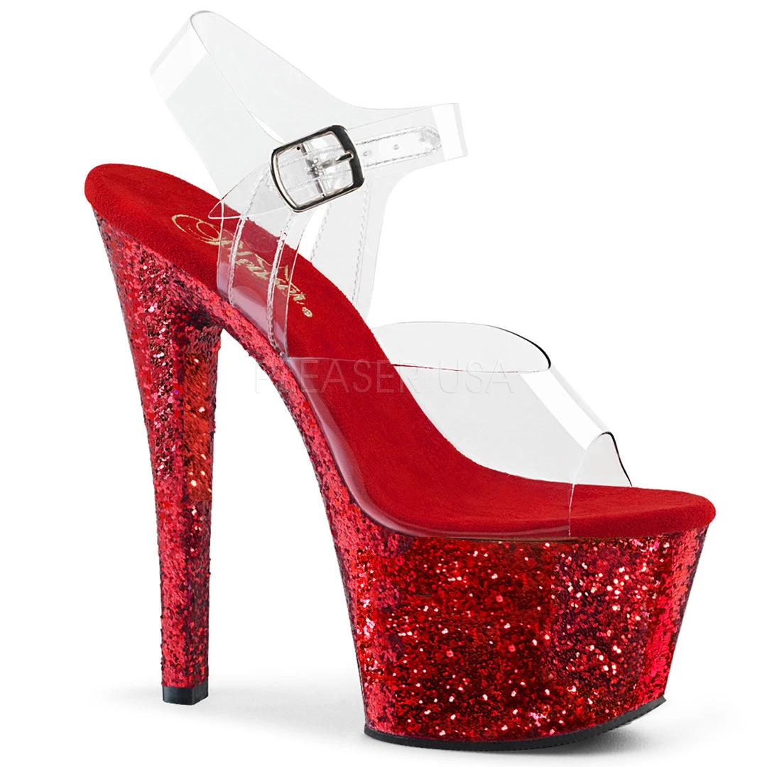 Pleaser 7" Heel Clear/Red Glitter Platform Shoes* 3 Pleaser 7" Heel Clear/Red Glitter Platform Shoes*