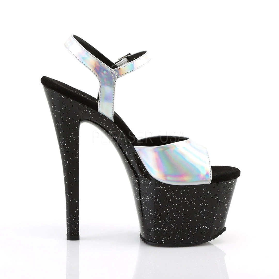 Pleaser Black/Silver 7" Ankle Strap Heels* 6 Pleaser Black/Silver 7" Ankle Strap Heels*