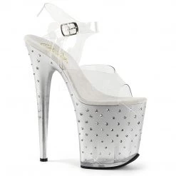 Pleaser Clear/Silver 8" Ankle Strap Pumps* Shoes