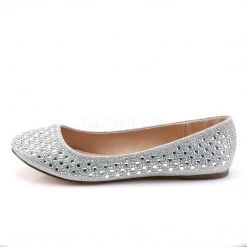 Fabulicious Silver Glitter Round Ballet Flat Shoes W/ Rhinestone Detail