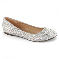 Fabulicious Silver Glitter Round Ballet Flat Shoes W/ Rhinestone Detail