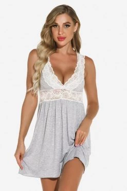 3WISHES Grey Knit And Lace Babydoll Lingerie