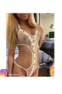 Elegant Moments White Fishnet Lace Up Thong Monokini 8 Elegant Moments White Fishnet Lace Up Thong Monokini